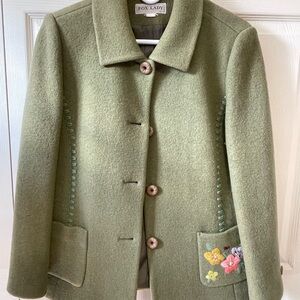 Olive Pea Coat with Floral Details